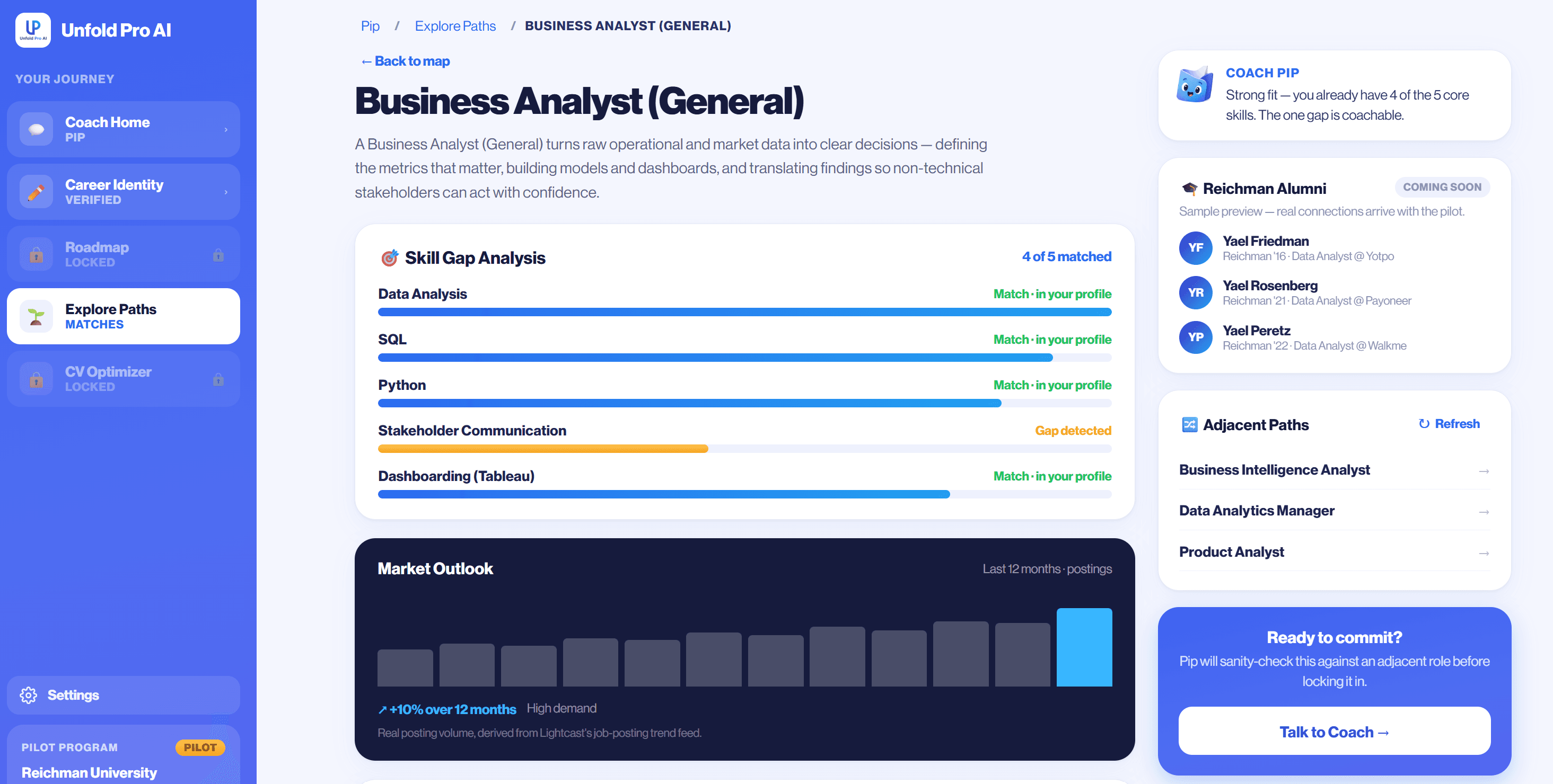 Explore Paths — role detail with skill gap analysis